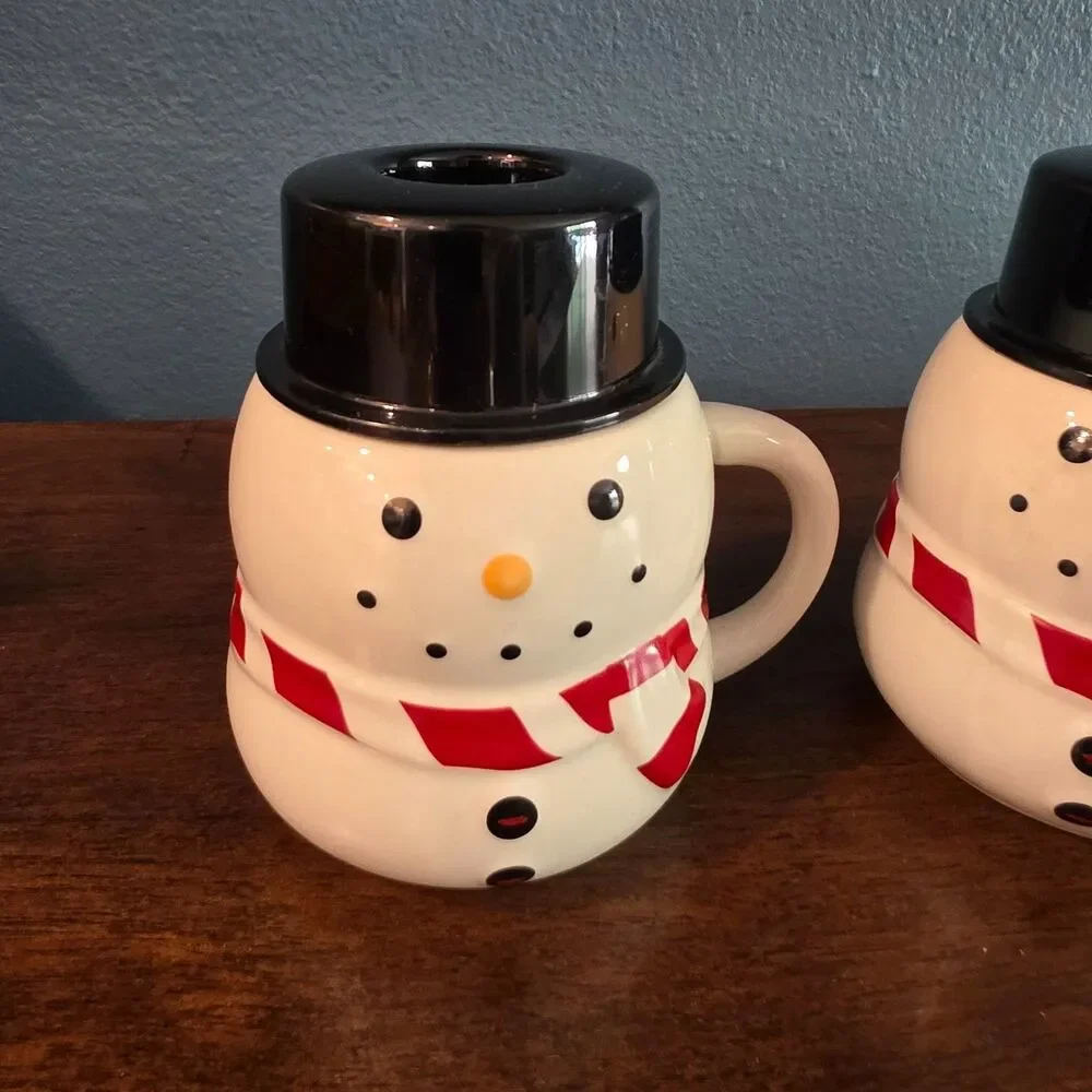 Williams Sonoma Christmas Mugs Snowman Hot Drinks Chocolate W/Lid Set of 3
